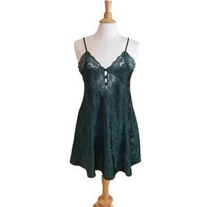 Sopre Lingerie Silky Dark Green Slip Dress, Lace, Floral, Nightgown, Size L